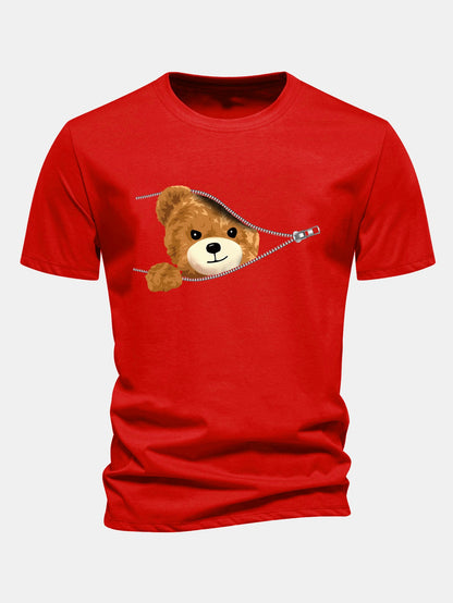 Regular Fit Zipper Bear Print Cotton T-Shirt