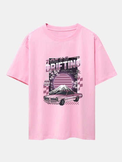 Tokyo Speed Car Print Drop Shoulder Oversize T-Shirt