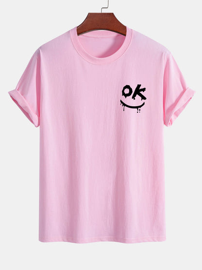 Regular Fit OK Smiley Face Print Cotton T-Shirt