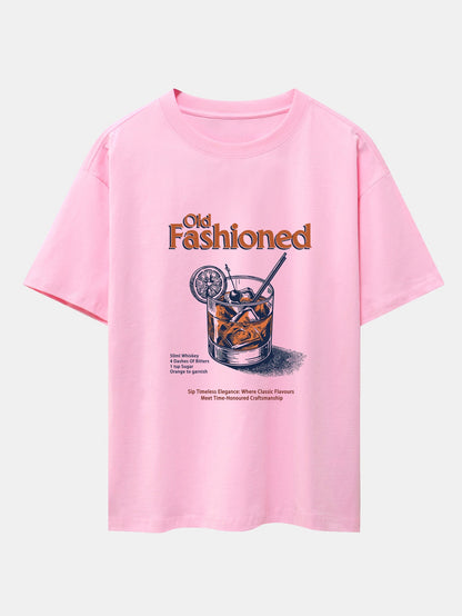 Vintage Whiskey Print Drop Shoulder Oversize T-Shirt