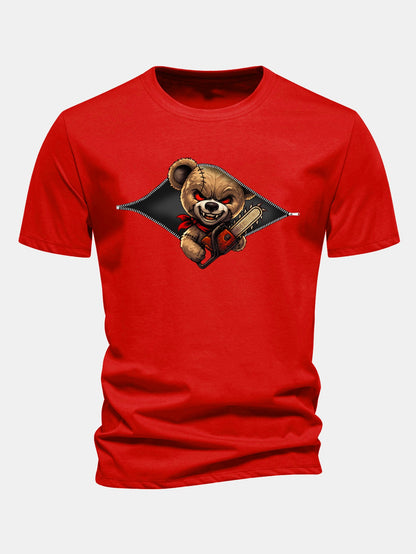 Regular Fit Halloween Zipper Evil Bear Print Cotton T-Shirt