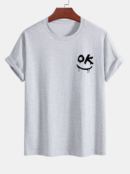 Regular Fit OK Smiley Face Print Cotton T-Shirt
