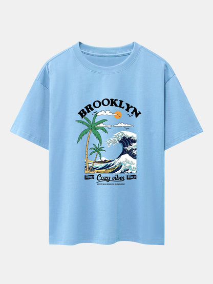 Beach Waves Print Drop Shoulder Oversize T-Shirt