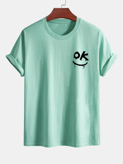 Regular Fit OK Smiley Face Print Cotton T-Shirt