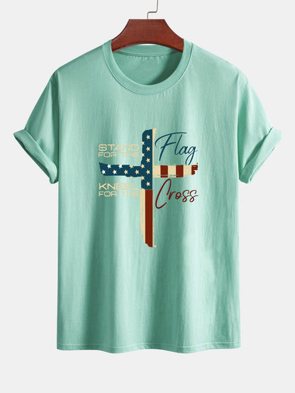 Regular Fit Retro American Flag Cross Print Cotton T-Shirt