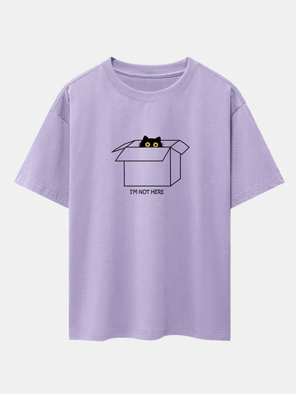 Black Cat Peeking Through Cardboard Print Drop Shoulder Oversize T-Shirt