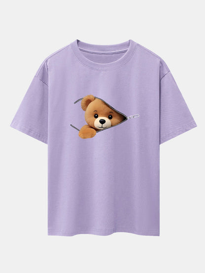 Zipper Bear Print Drop Shoulder Oversize T-Shirt