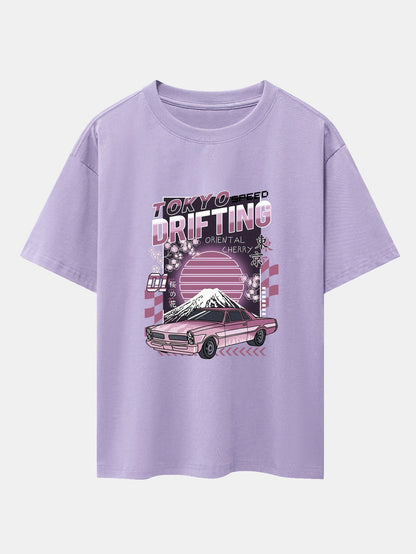 Tokyo Speed Car Print Drop Shoulder Oversize T-Shirt