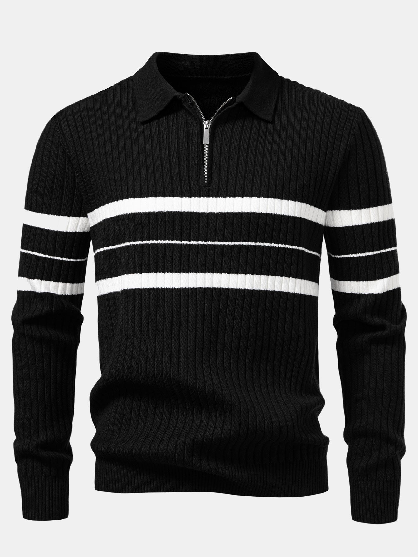 Stripe Zip Knit Ribbed Polo Shirt