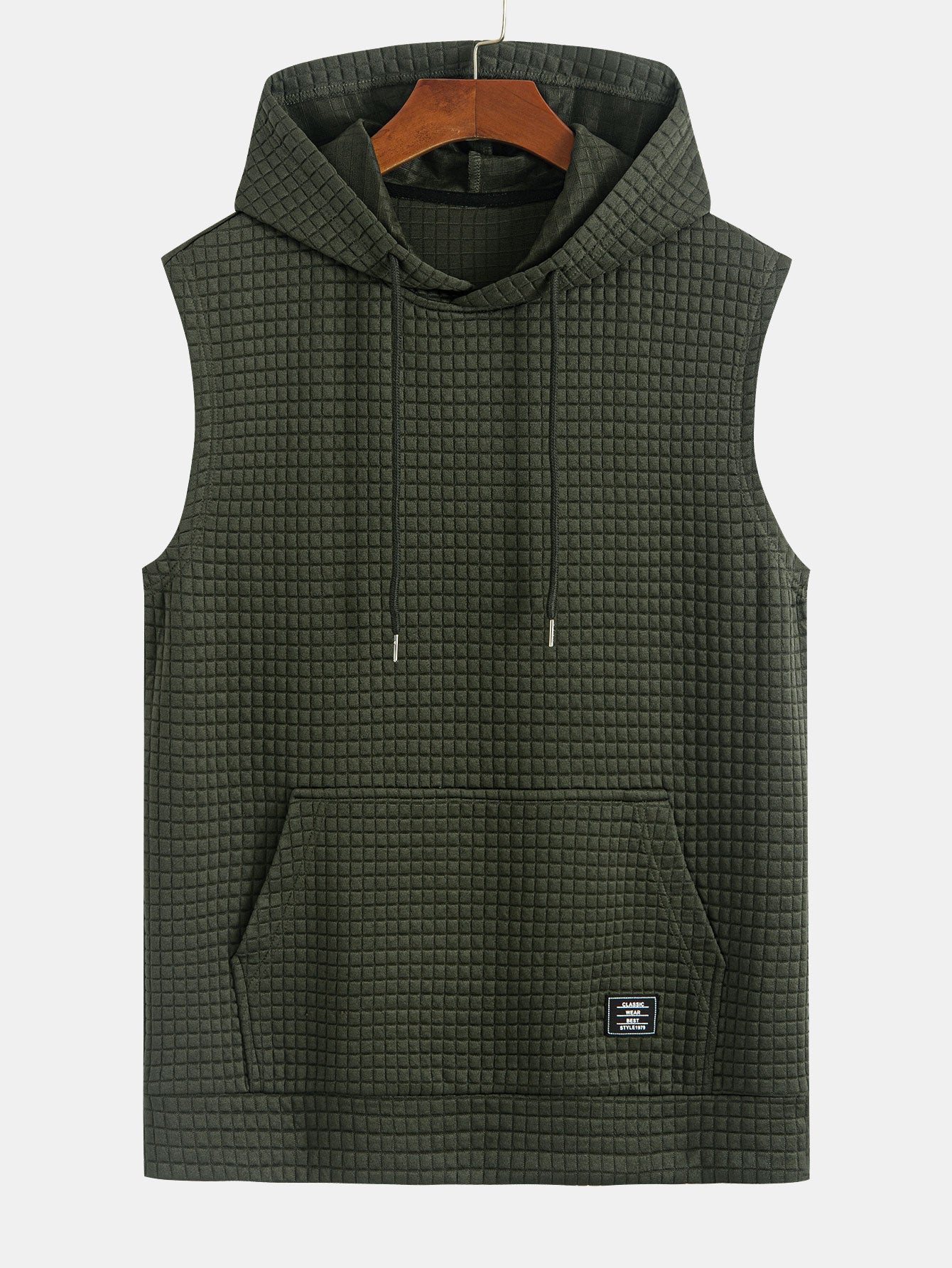 Waffle Sleeveless Hooded T-Shirt With Kangaroo Pocket