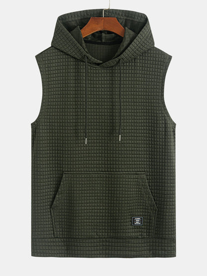 Waffle Sleeveless Hooded T-Shirt With Kangaroo Pocket