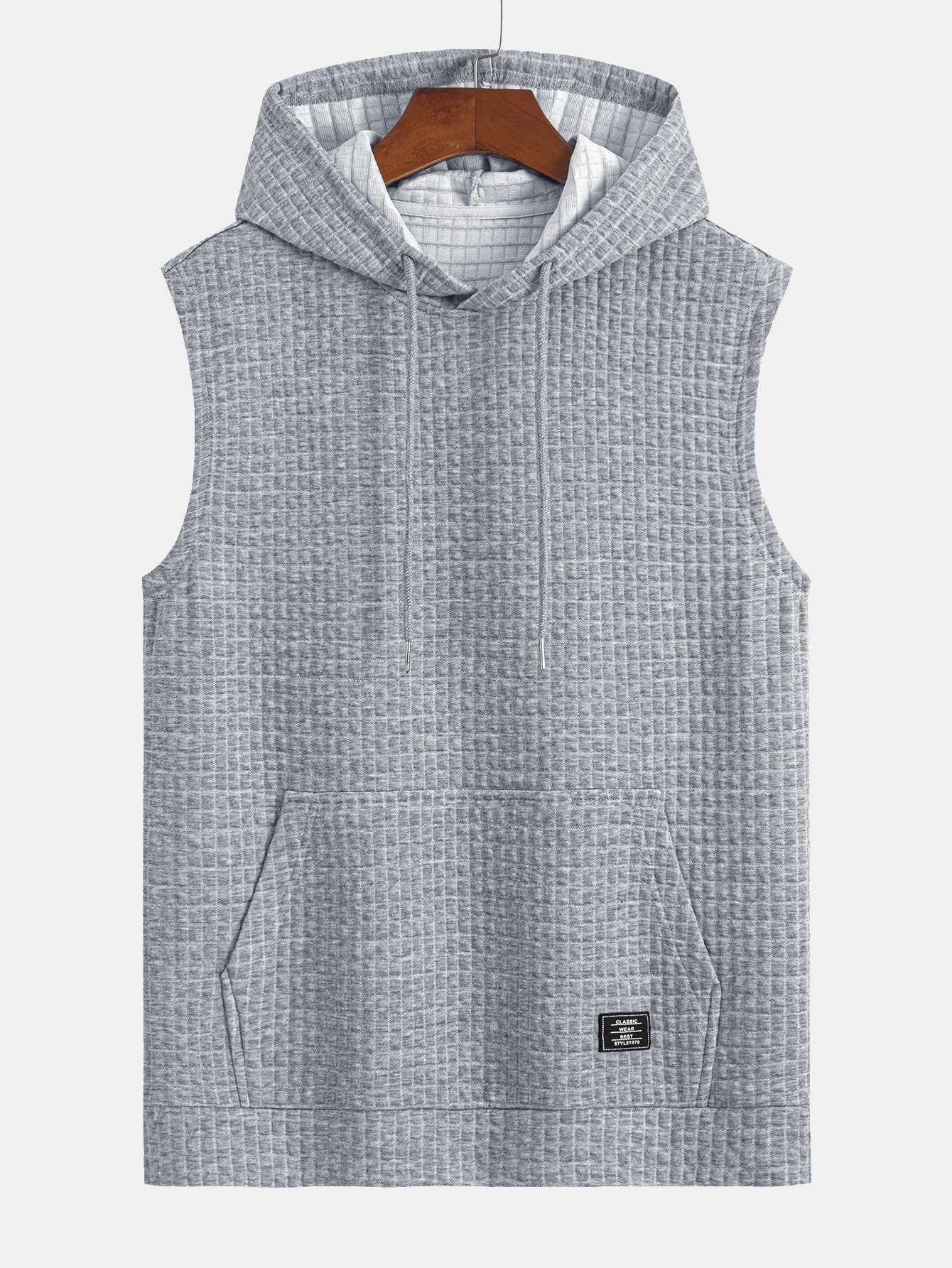 Waffle Sleeveless Hooded T-Shirt With Kangaroo Pocket