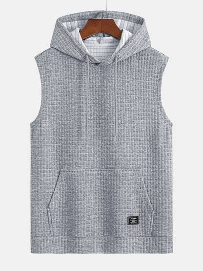 Waffle Sleeveless Hooded T-Shirt With Kangaroo Pocket
