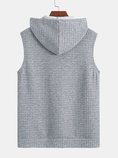 Waffle Sleeveless Hooded T-Shirt With Kangaroo Pocket