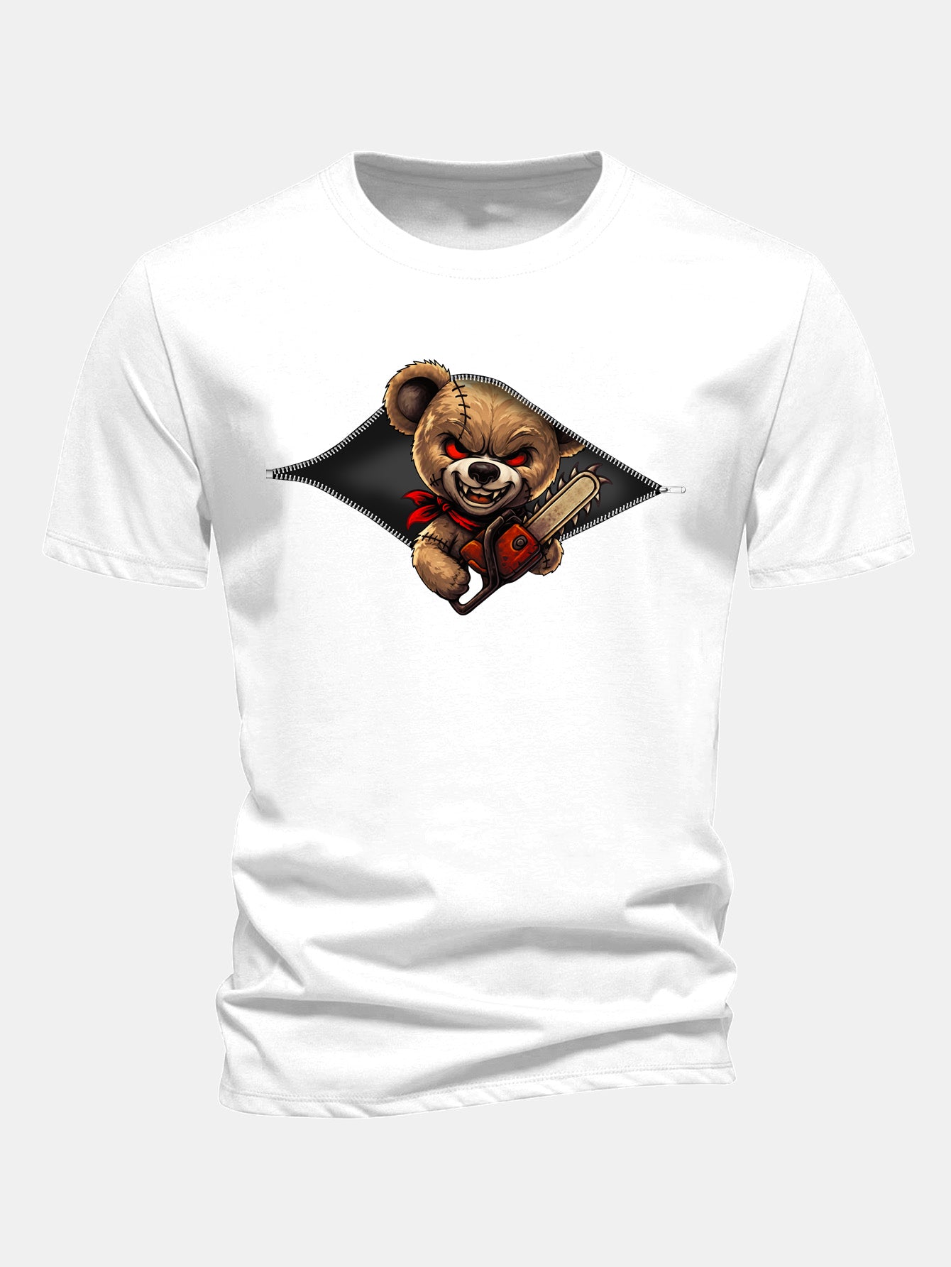 Regular Fit Halloween Zipper Evil Bear Print Cotton T-Shirt