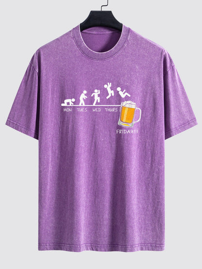 Beer Weekly Evolution Print Washed Distressed Drop Shoulder T-Shirt