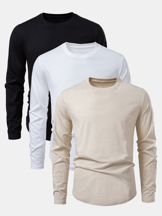 3 Pieces Basic Long Sleeve Cotton Arc Hem T-Shirts