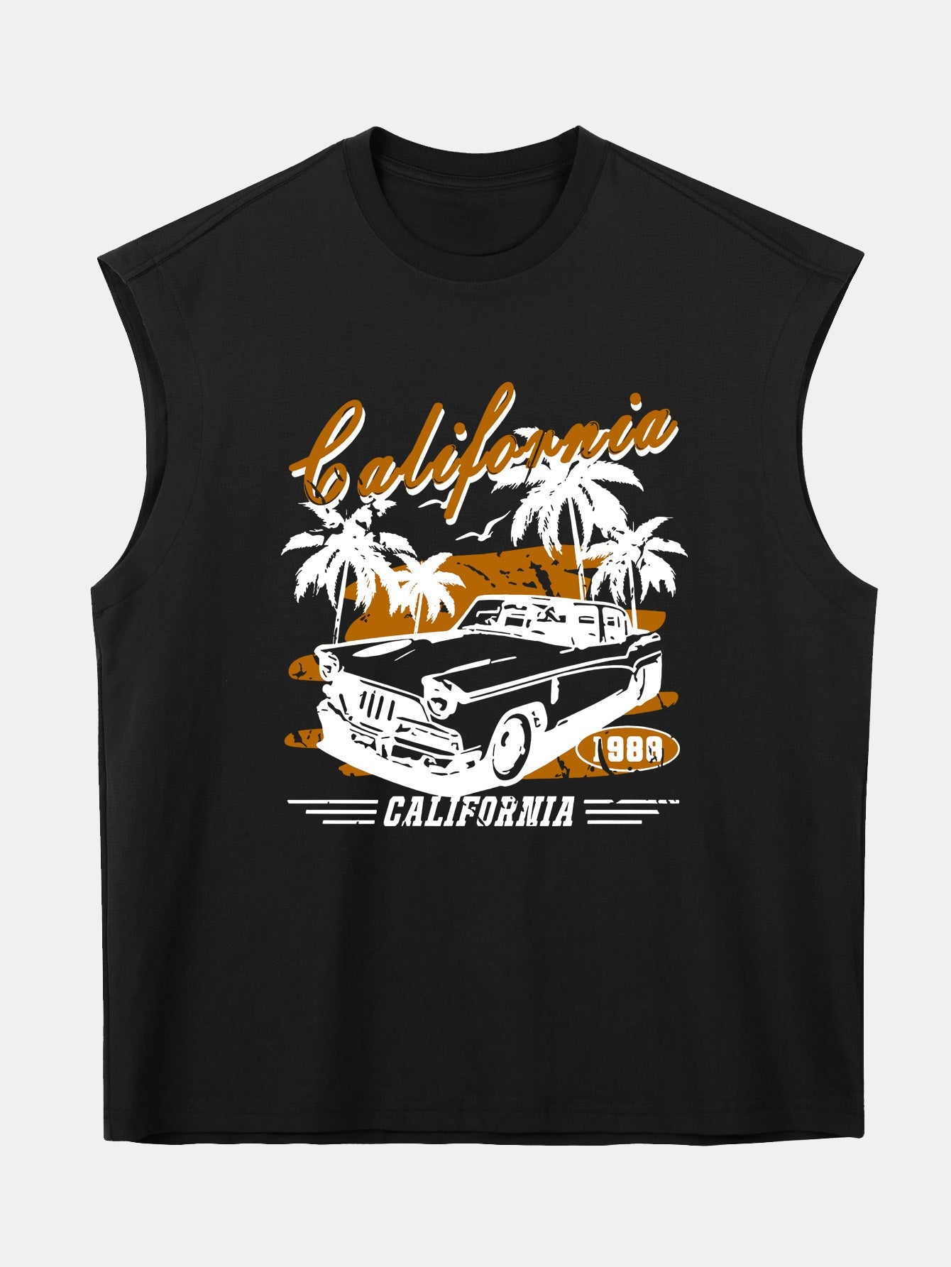 Relax Fit California Car Print Cotton Drop Shoulder Sleeveless T-Shirt