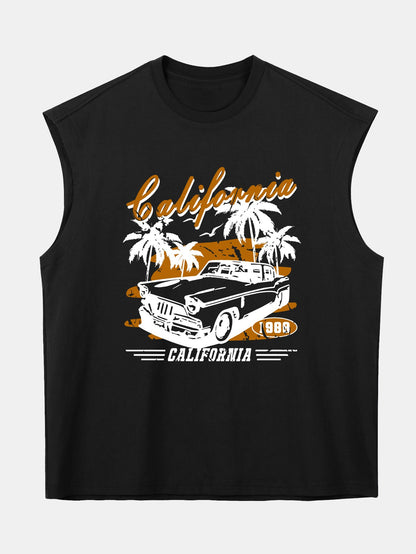 Relax Fit California Car Print Cotton Drop Shoulder Sleeveless T-Shirt