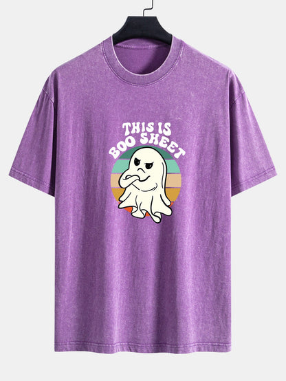 Ghost Slogan Print Washed Distressed Drop Shoulder T-Shirt