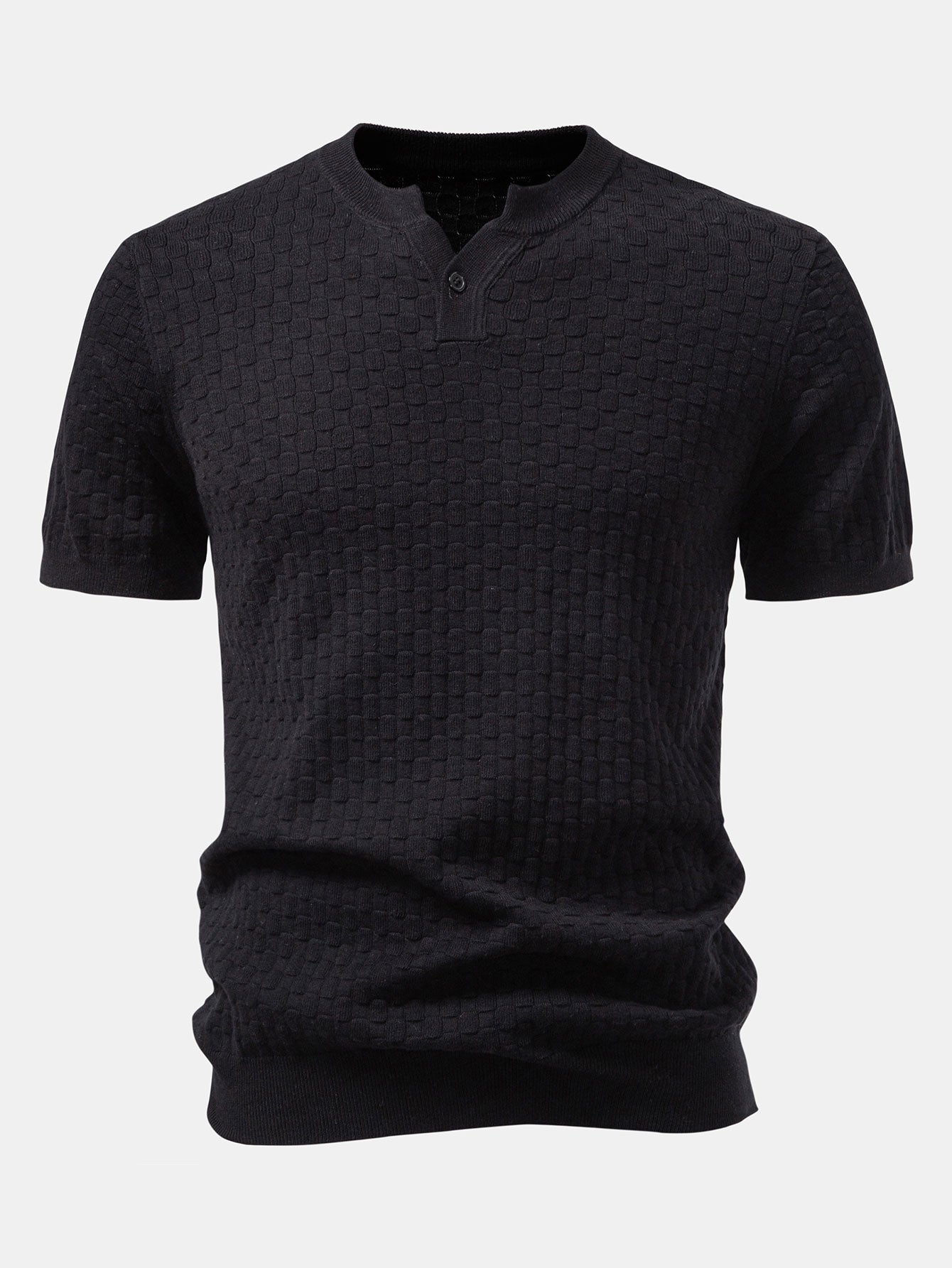 Checkerboard Henley Collar Sweater Knitted T-Shirt
