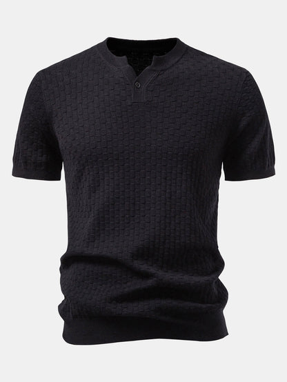Checkerboard Henley Collar Sweater Knitted T-Shirt