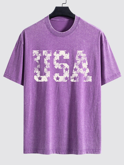 USA Print Washed Distressed Drop Shoulder T-Shirt