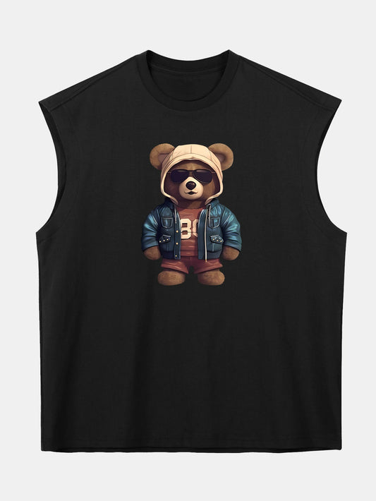 Relax Fit Bear In Leather Jacket Print Cotton Drop Shoulder Sleeveless T-Shirt