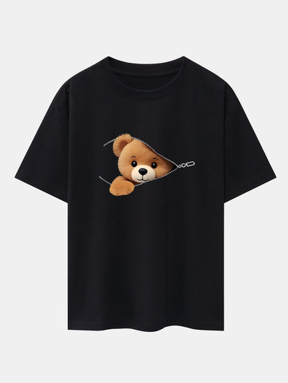 Zipper Bear Print Drop Shoulder Oversize T-Shirt
