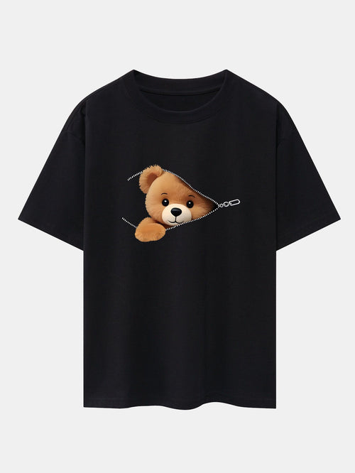 Zipper Bear Print Drop Shoulder Oversize T-Shirt