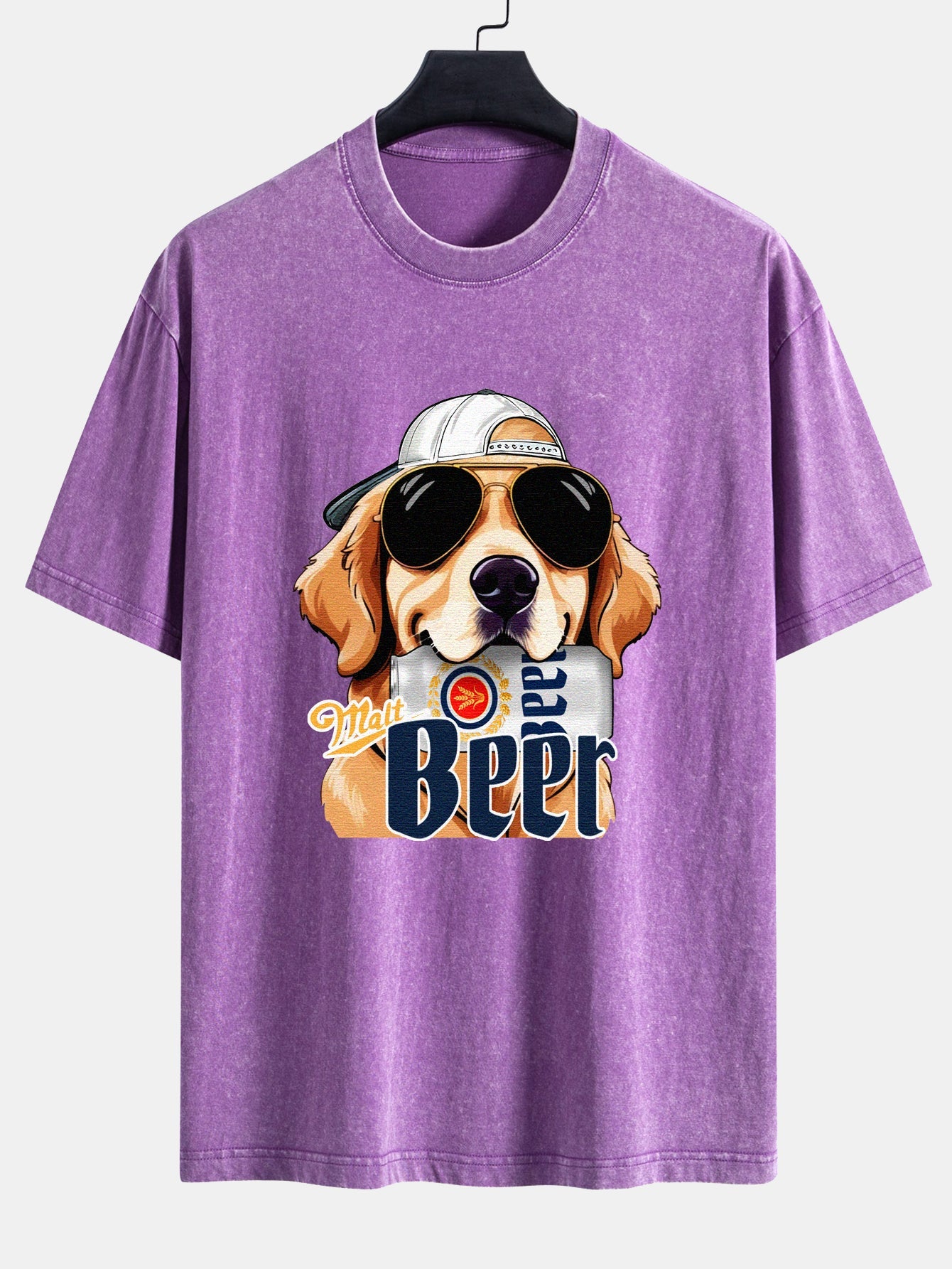 Beer Dog Print Washed Distressed Drop Shoulder T-Shirt