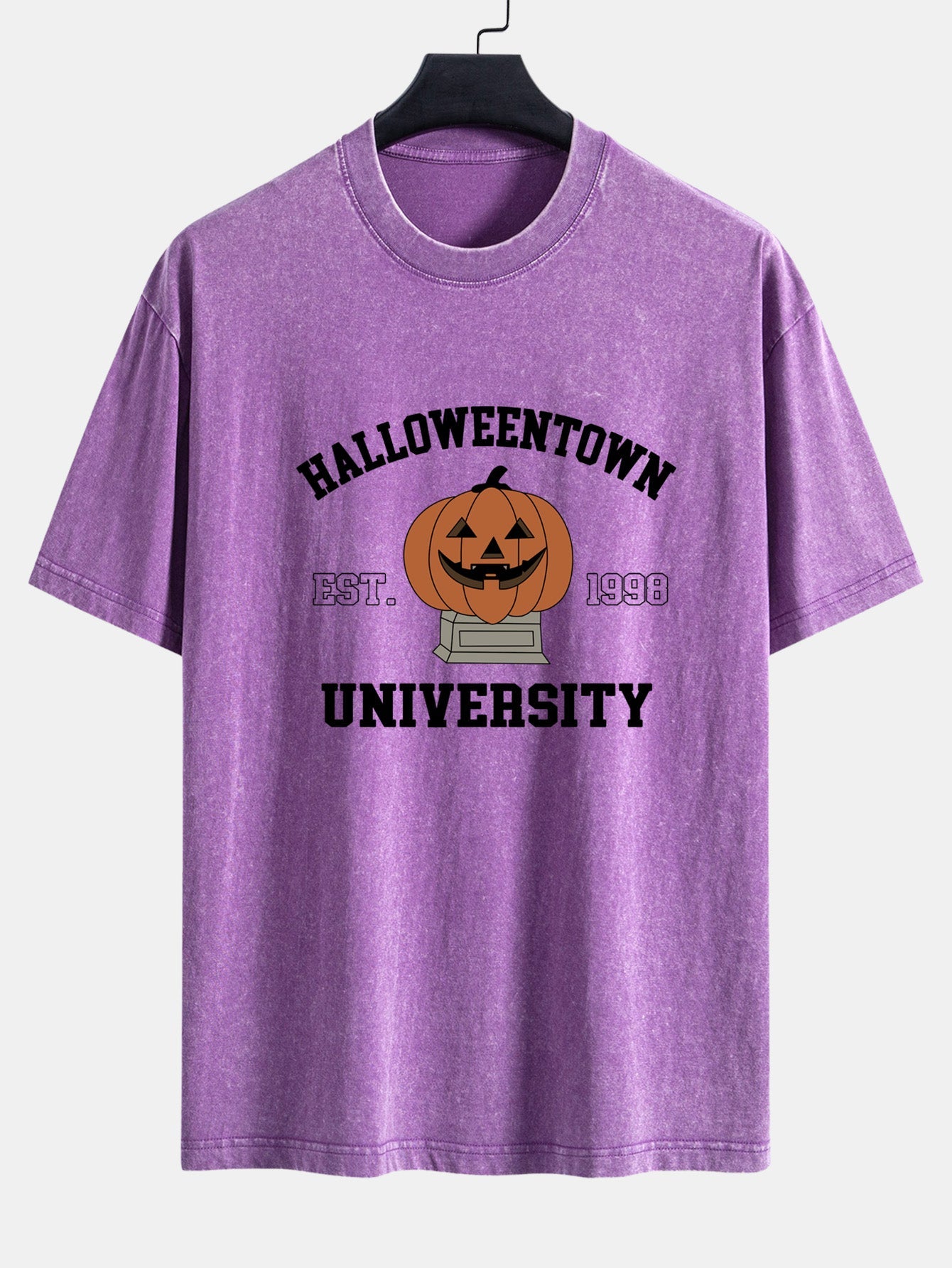 Halloween Pumpkin Town Print Washed Distressed Drop Shoulder T-Shirt