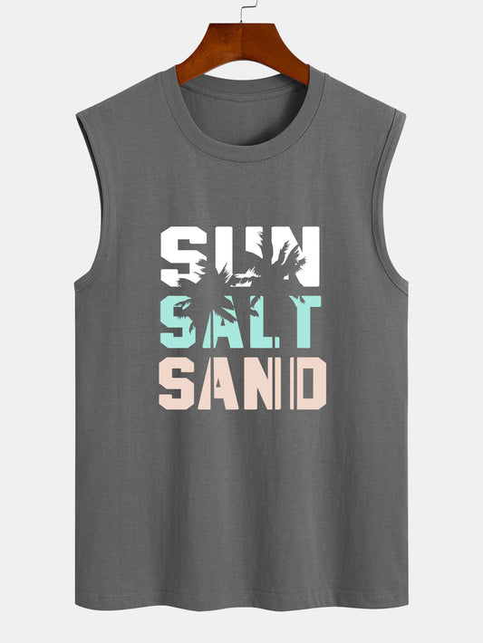 Sun Sand Palm Tree Print Cotton Sleeveless T-Shirt