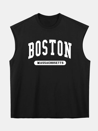Relax Fit Boston Slogan Jacket Print Cotton Drop Shoulder Sleeveless T-Shirt