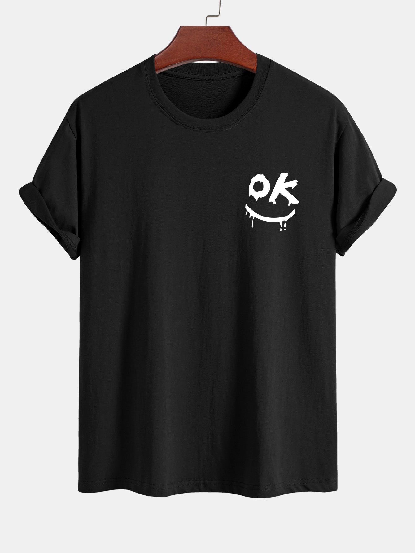 Regular Fit OK Smiley Face Print Cotton T-Shirt