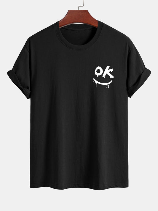 Regular Fit OK Smiley Face Print Cotton T-Shirt