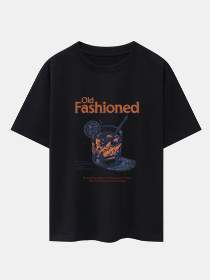 Vintage Whiskey Print Drop Shoulder Oversize T-Shirt