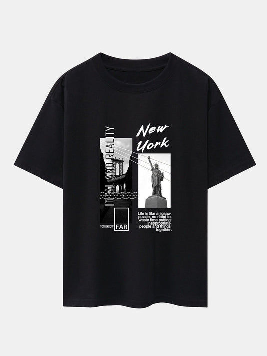 New York City Scenery Print Drop Shoulder Oversize T-Shirt