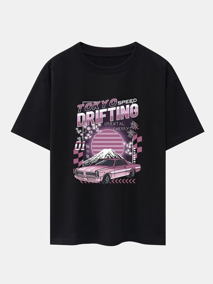 Tokyo Speed Car Print Drop Shoulder Oversize T-Shirt