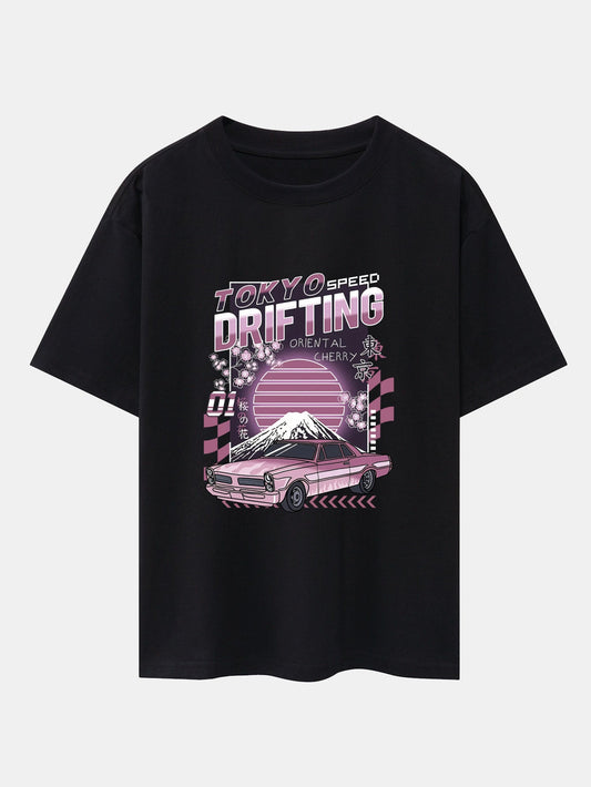Tokyo Speed Car Print Drop Shoulder Oversize T-Shirt
