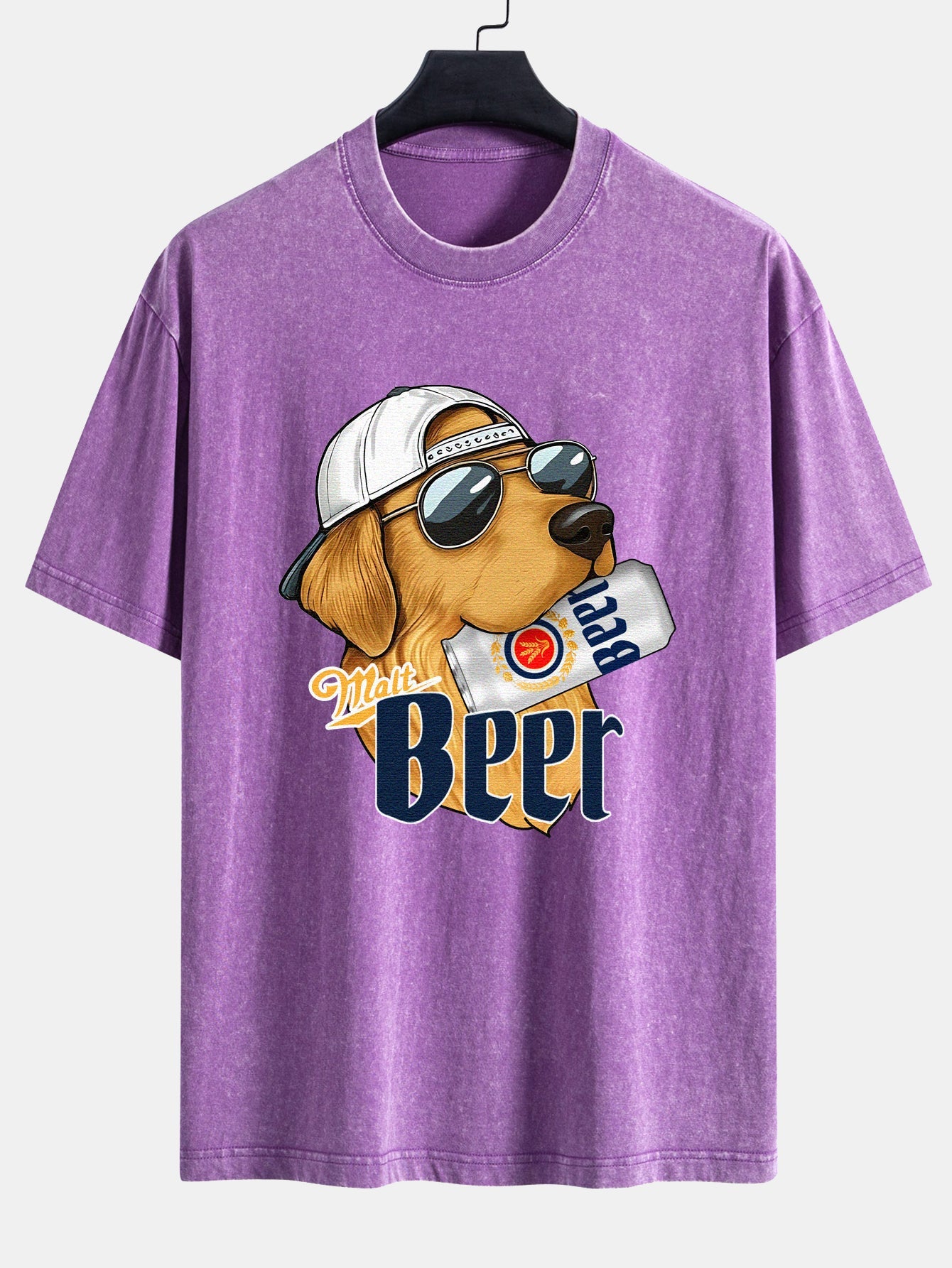 Beer Dog Print Washed Distressed Drop Shoulder T-Shirt
