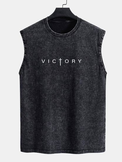 Victory Slogan Print Washed Distressed Tank Top