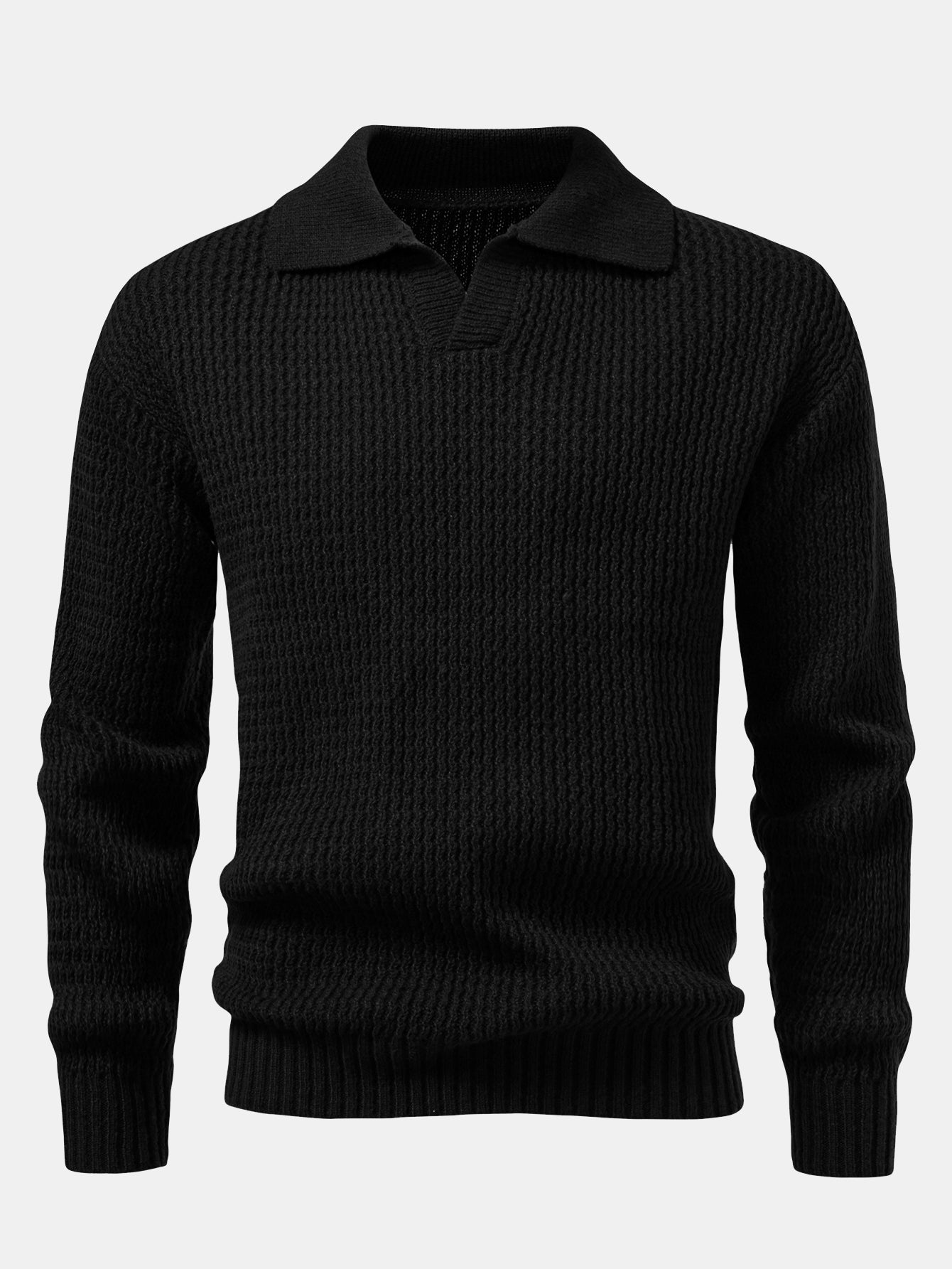Long Sleeve Wave Jacquard Knit V Neck Polo Shirt