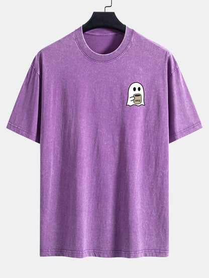 Ghost Drinking Coffee Print Washed Distressed Drop Shoulder T-Shirt