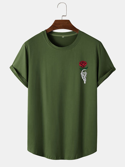 Rose Skull Hand Print Arc Hem T-Shirt