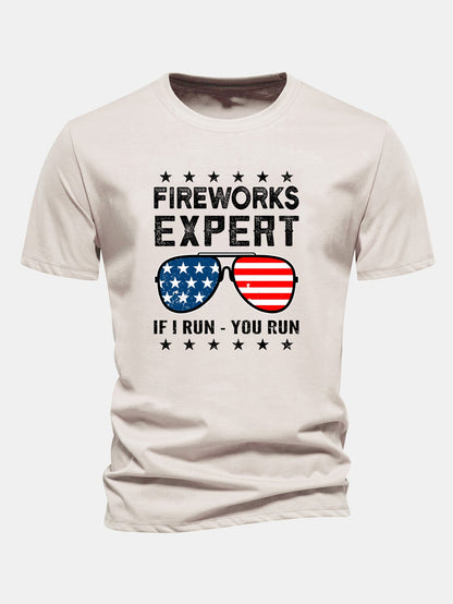 Regular Fit American Flag Sunglasses Print Cotton T-Shirt