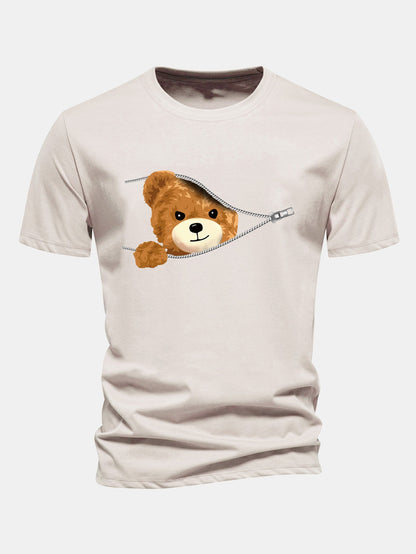 Regular Fit Zipper Bear Print Cotton T-Shirt