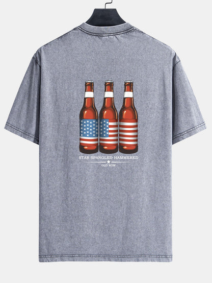 USA Old Row Beer Print Washed Distressed Drop Shoulder T-Shirt