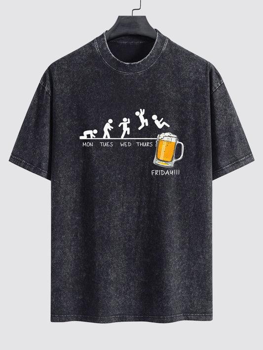 Beer Weekly Evolution Print Washed Distressed Drop Shoulder T-Shirt