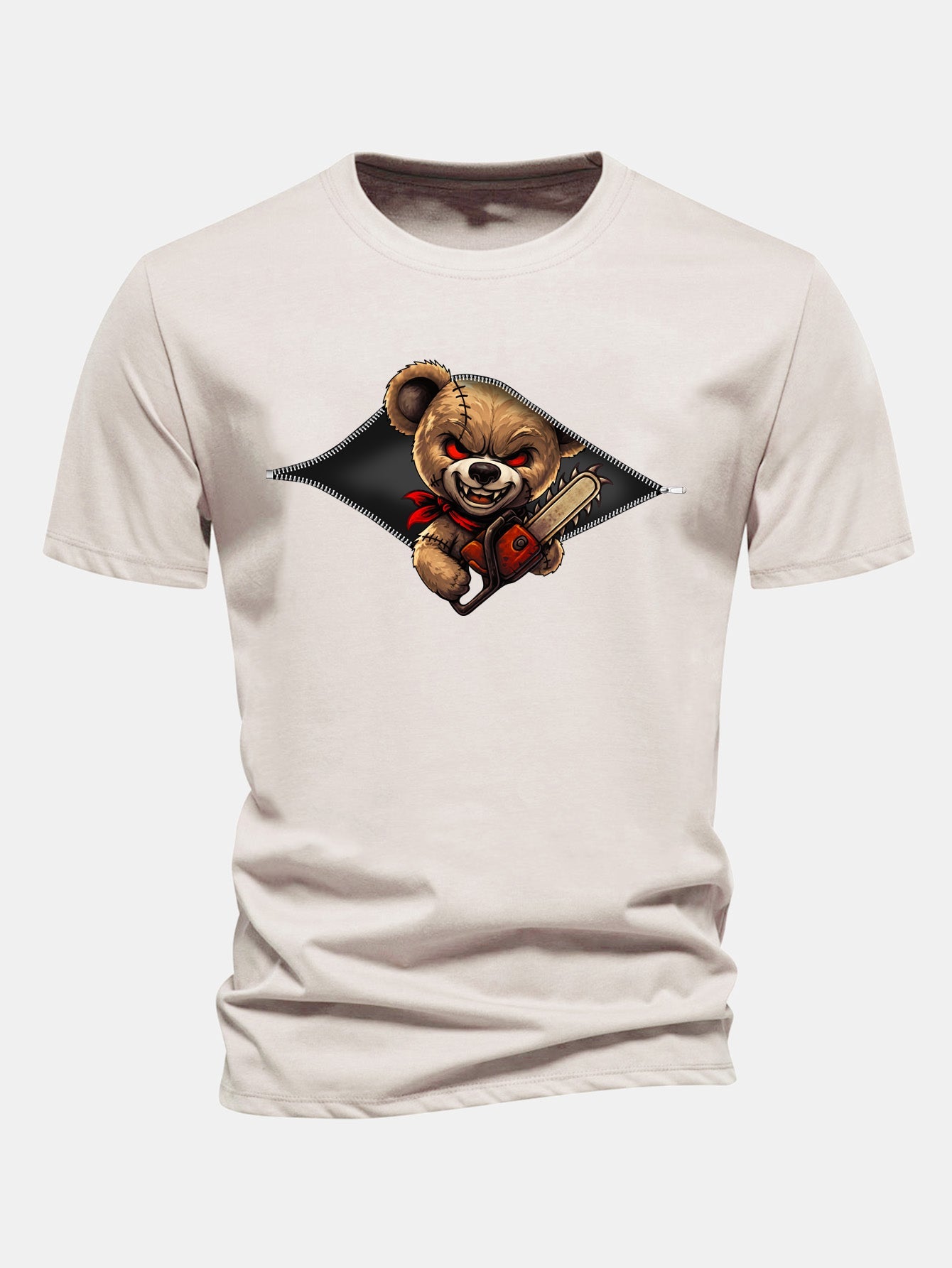 Regular Fit Halloween Zipper Evil Bear Print Cotton T-Shirt